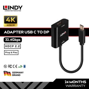 LINDY Adapter USB Type C To DisplayPort 1.4 4K 144Hz Converter Thunderbolt DP Alt Mode 32.4Gbps Original, 43269