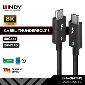 LINDY Kabel Thunderbolt 5 USB-C 80Gbps PD 240W 8K 60Hz USB4 DisplayPort 2.1 Original, 1 Meter, 31130